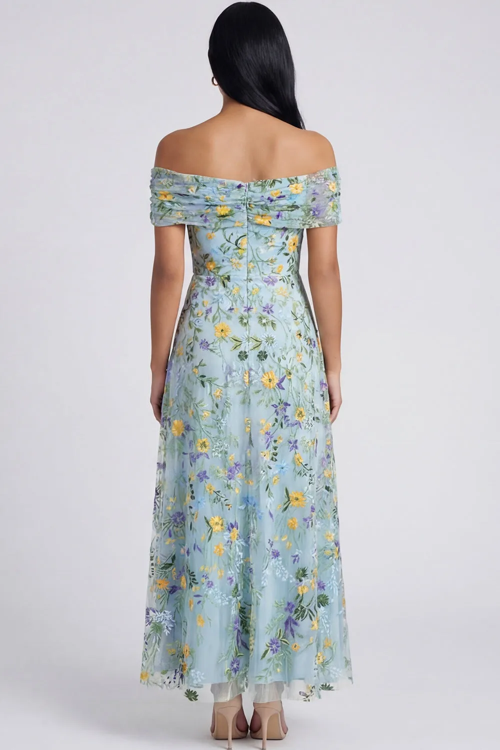 Off the Shoulder Blue A Line Floral Wedding Guest Dress sold by Wedtrend product image thumbnail 2