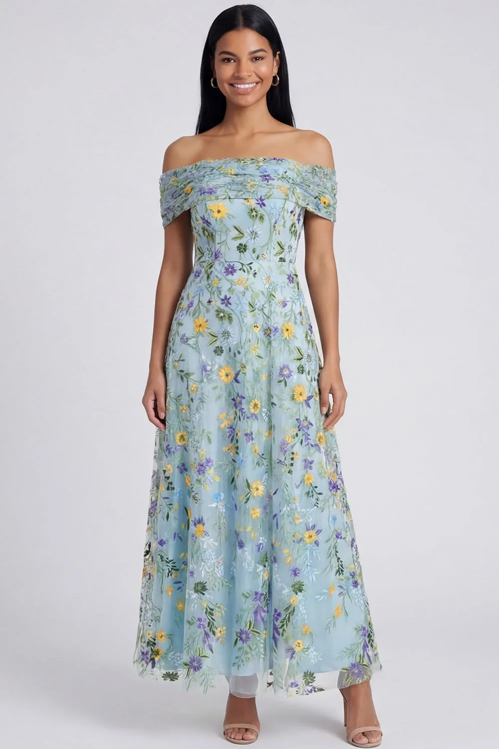 Off the Shoulder Blue A Line Floral Wedding Guest Dress sold by Wedtrend product image thumbnail 3