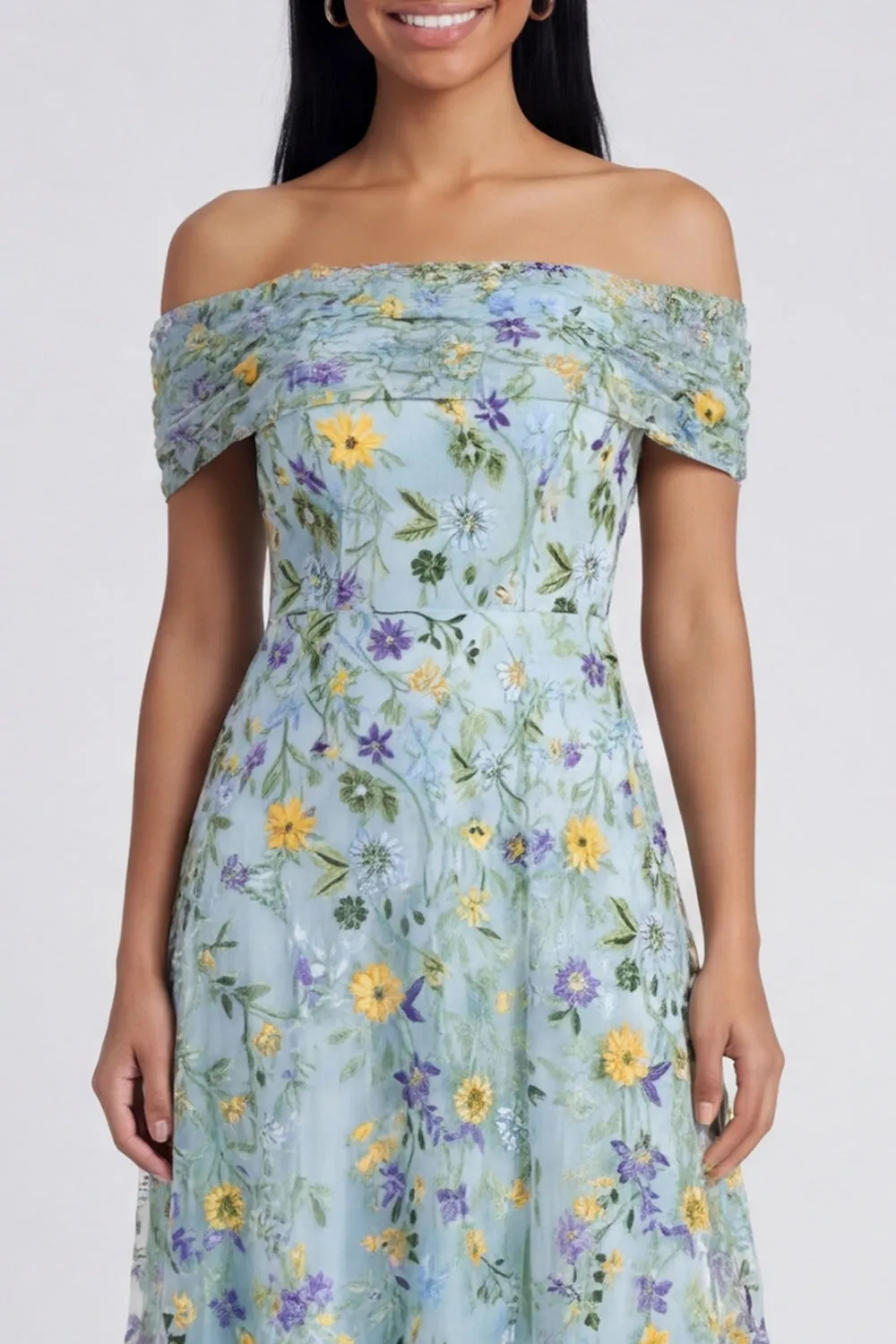 Off the Shoulder Blue A Line Floral Wedding Guest Dress sold by Wedtrend product image thumbnail 4