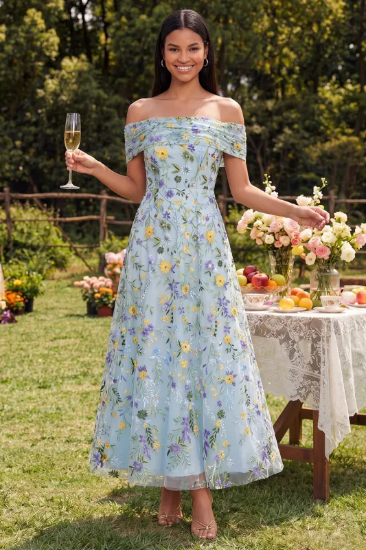 Off the Shoulder Blue A Line Floral Wedding Guest Dress made by Wedtrend