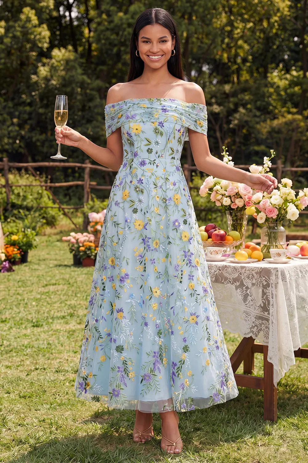 Off the Shoulder Blue A Line Floral Wedding Guest Dress sold by Wedtrend
