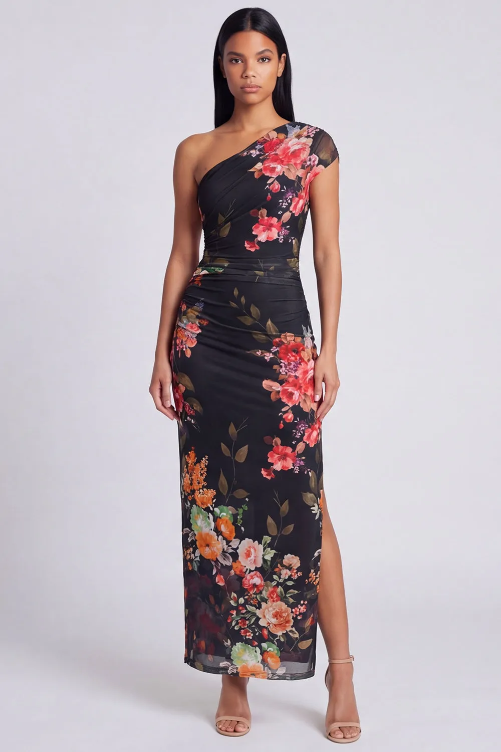 Black One Shoulder Sheath Floral Wedding Guest Dress with Slit sold by Wedtrend product image thumbnail 3