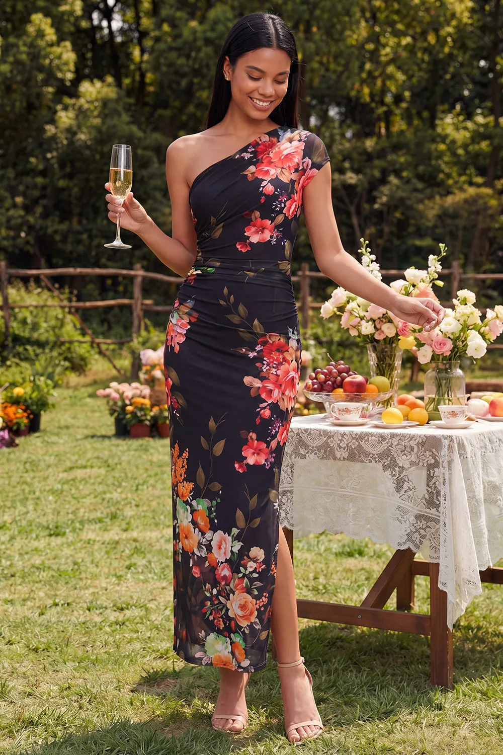 Black One Shoulder Sheath Floral Wedding Guest Dress with Slit sold by Wedtrend
