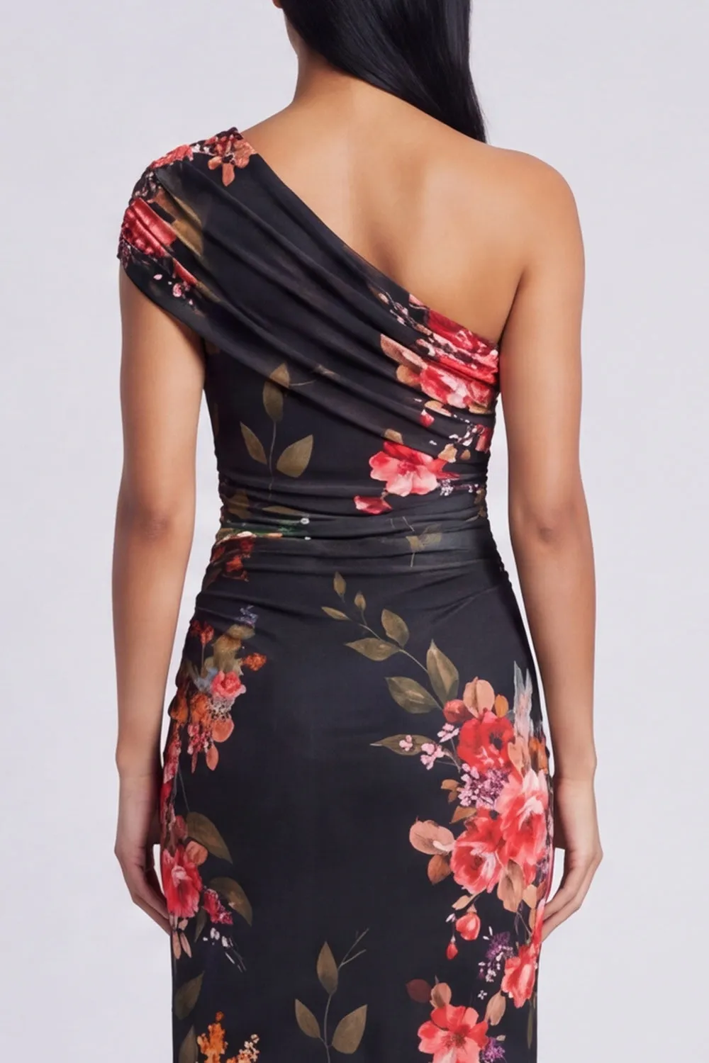 Black One Shoulder Sheath Floral Wedding Guest Dress with Slit sold by Wedtrend product image thumbnail 5