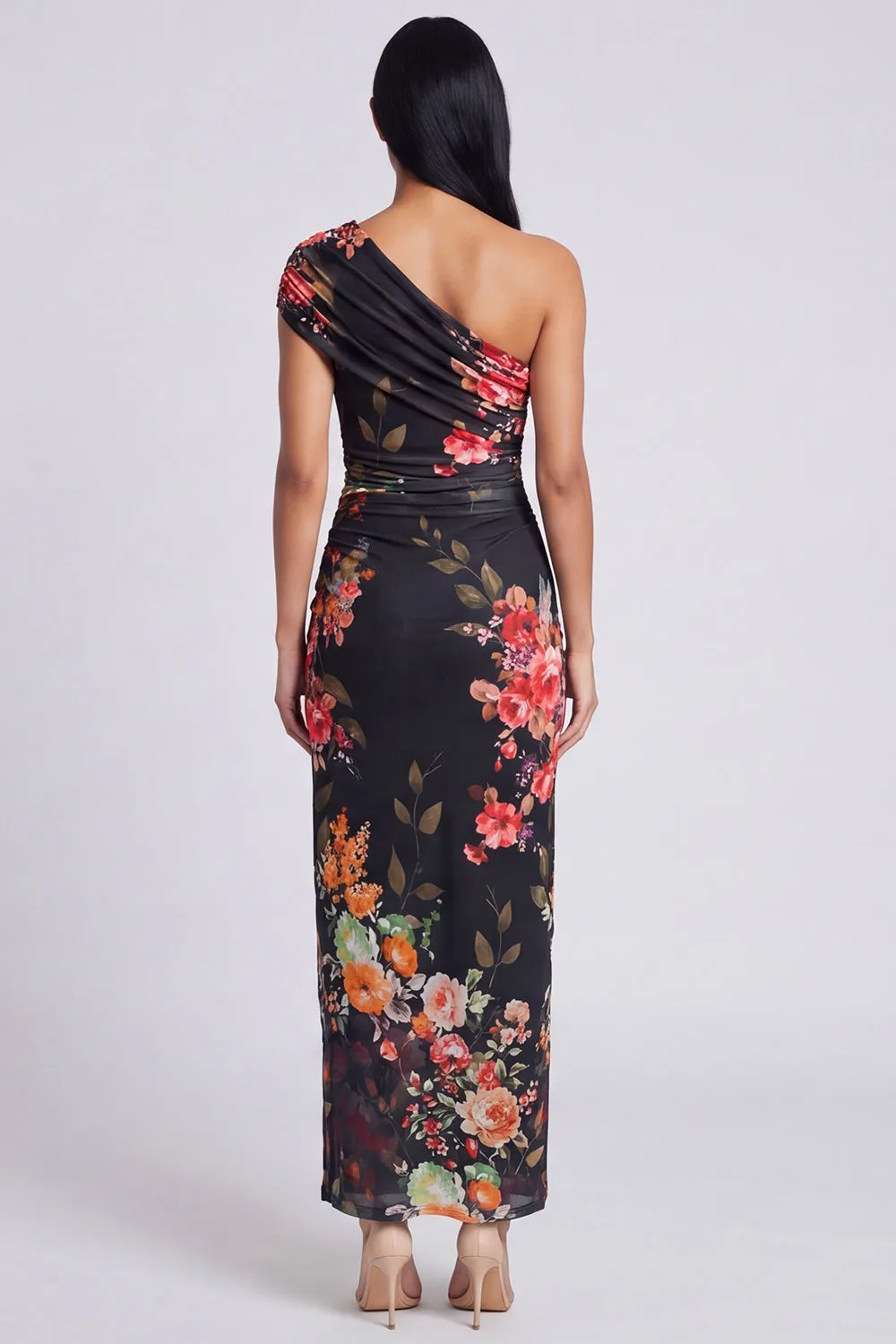 Black One Shoulder Sheath Floral Wedding Guest Dress with Slit sold by Wedtrend product image thumbnail 2