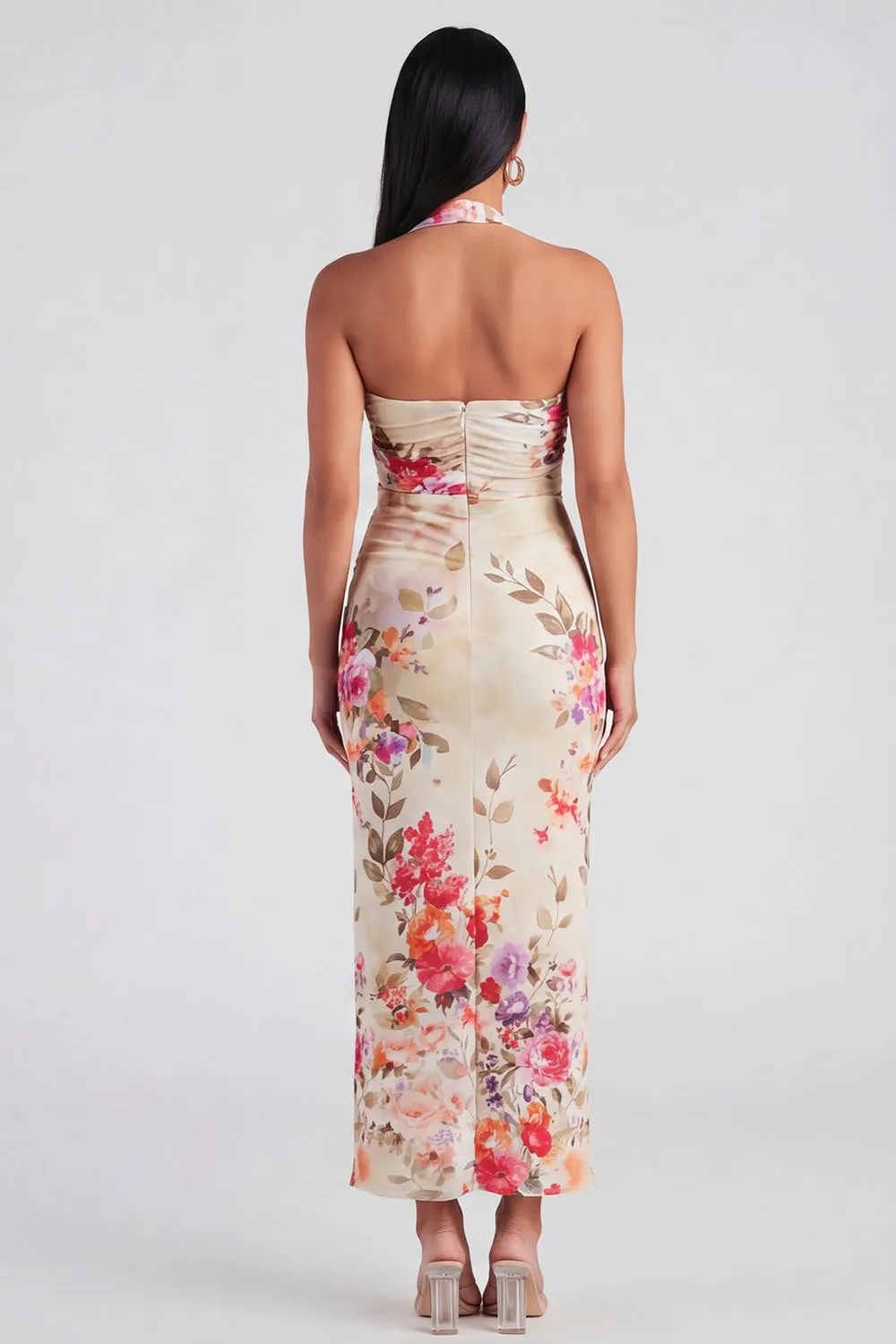 Champagne Halter Floral Wedding Guest Dress sold by Wedtrend product image thumbnail 2