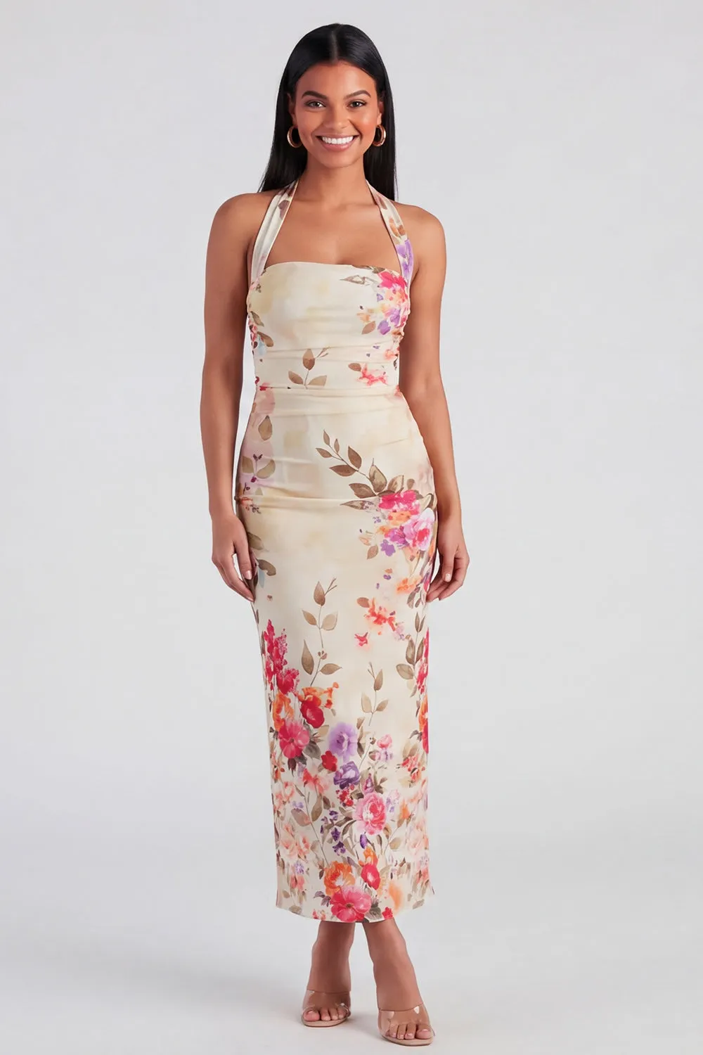 Champagne Halter Floral Wedding Guest Dress sold by Wedtrend product image thumbnail 3