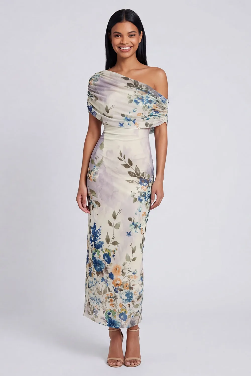 One Shoulder Sheath Ivory Floral Wedding Guest Dress sold by Wedtrend product image thumbnail 3