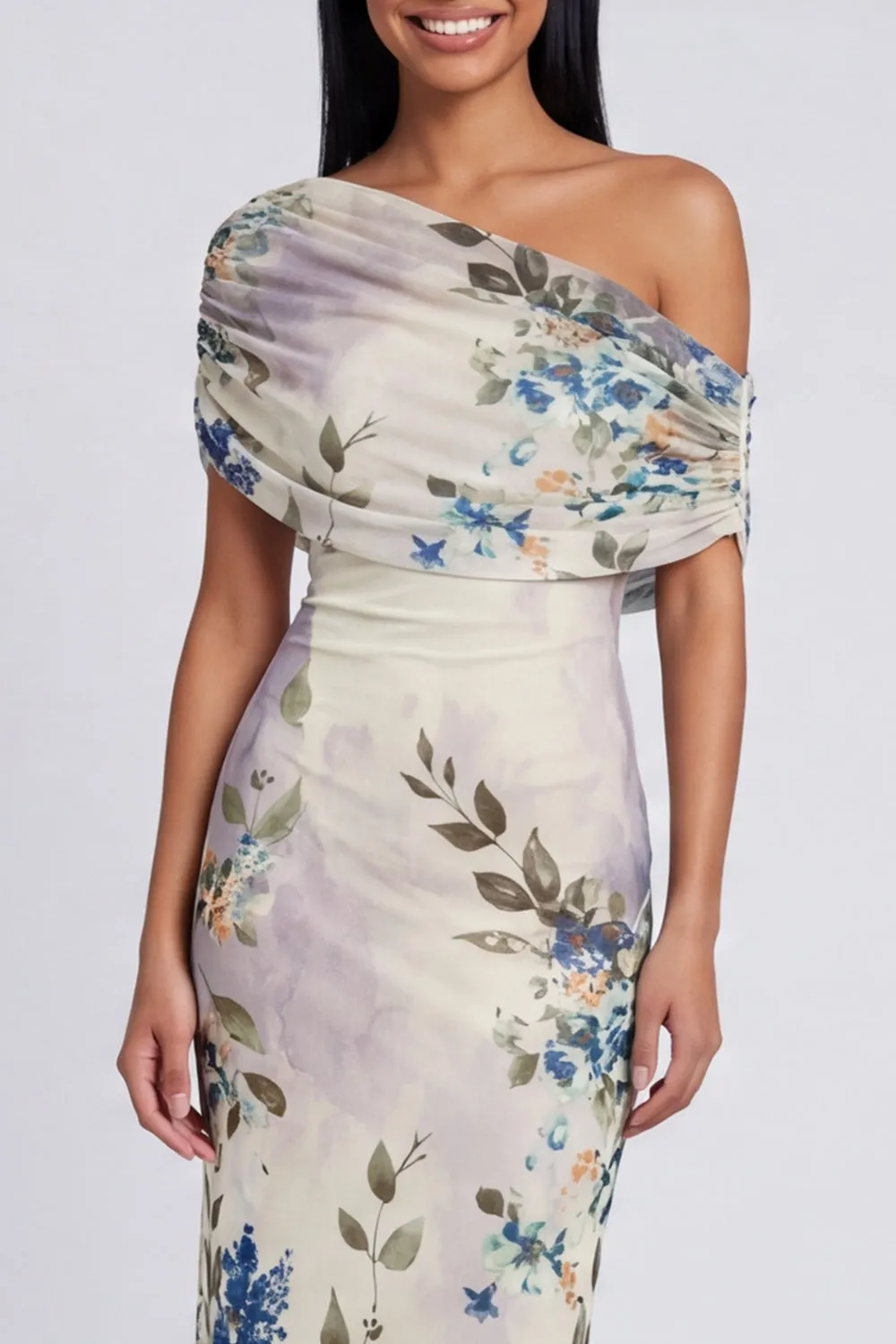 One Shoulder Sheath Ivory Floral Wedding Guest Dress sold by Wedtrend product image thumbnail 4