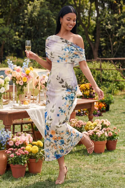 One Shoulder Sheath Ivory Floral Wedding Guest Dress made by Wedtrend