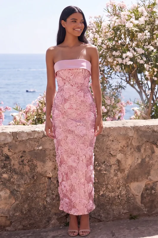 Pink Strapless 3D Flower Sheath Wedding Guest Dress with Slit made by Wedtrend