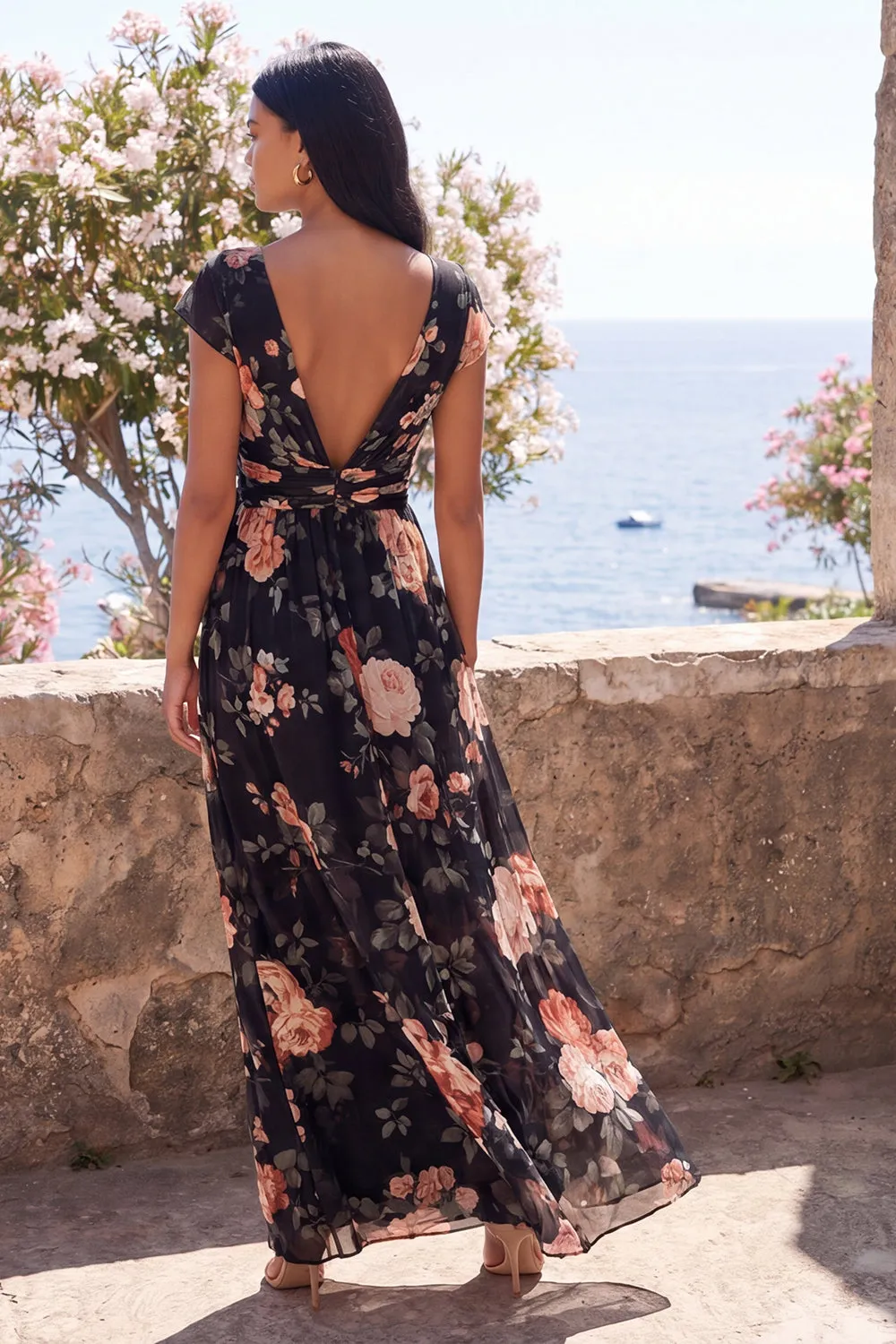 Black V-Neck Floral Wedding Guest Dress with Twist Front sold by Wedtrend product image thumbnail 2