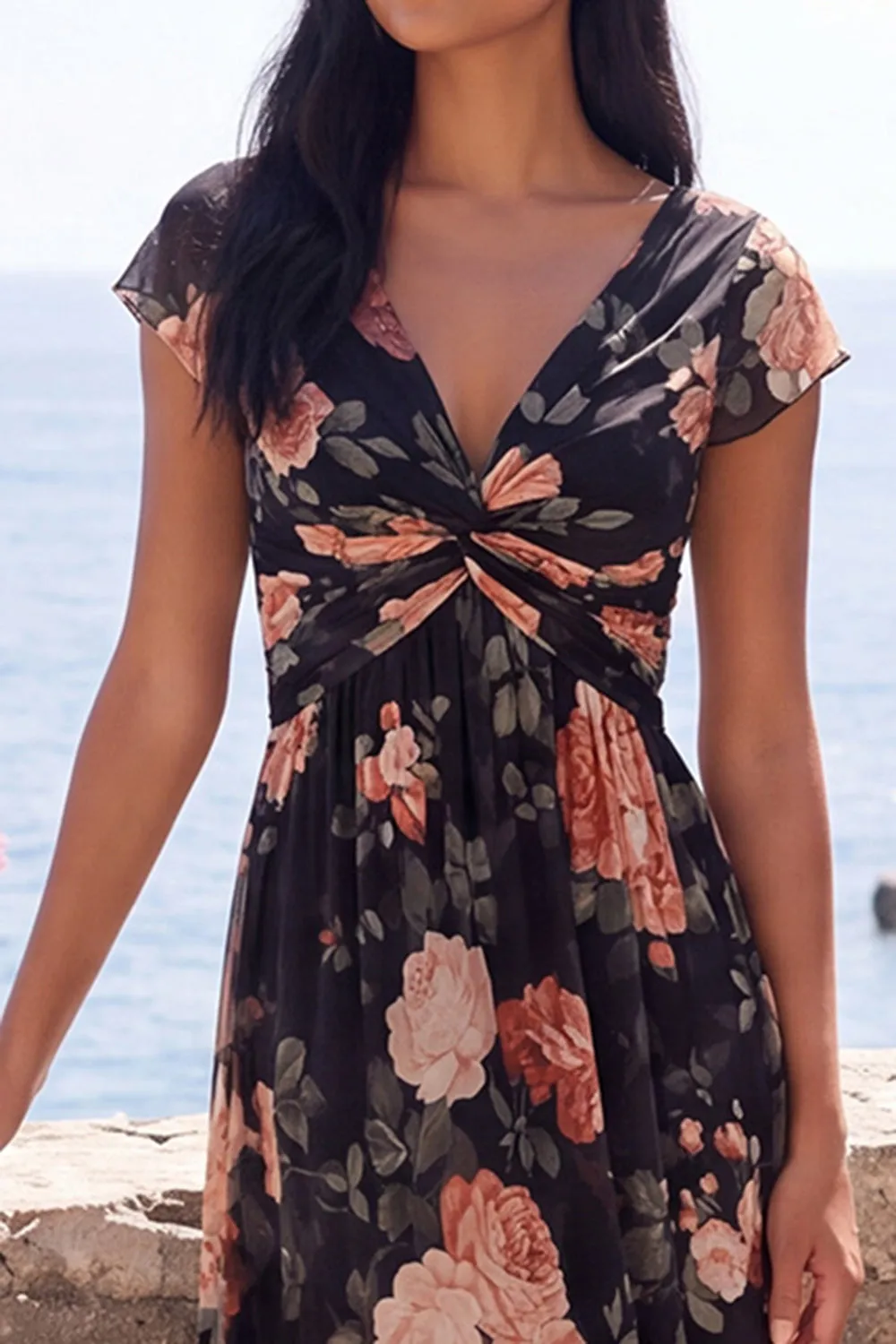 Black V-Neck Floral Wedding Guest Dress with Twist Front sold by Wedtrend product image thumbnail 3