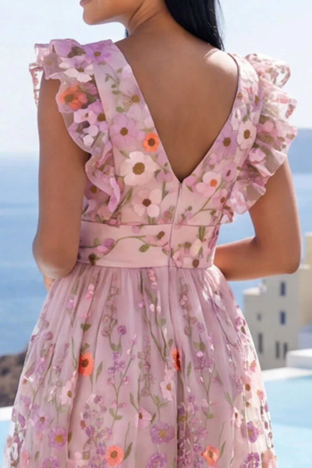 Pink Floral Applique A Line V-Neck Midi Wedding Guest Dress sold by Wedtrend product image thumbnail 4