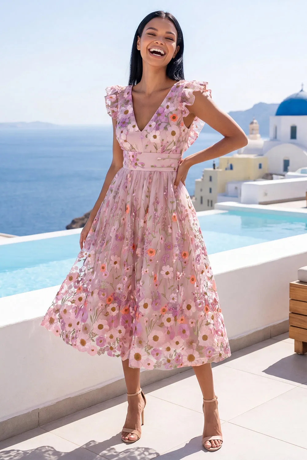 Pink Floral Applique A Line V-Neck Midi Wedding Guest Dress sold by Wedtrend