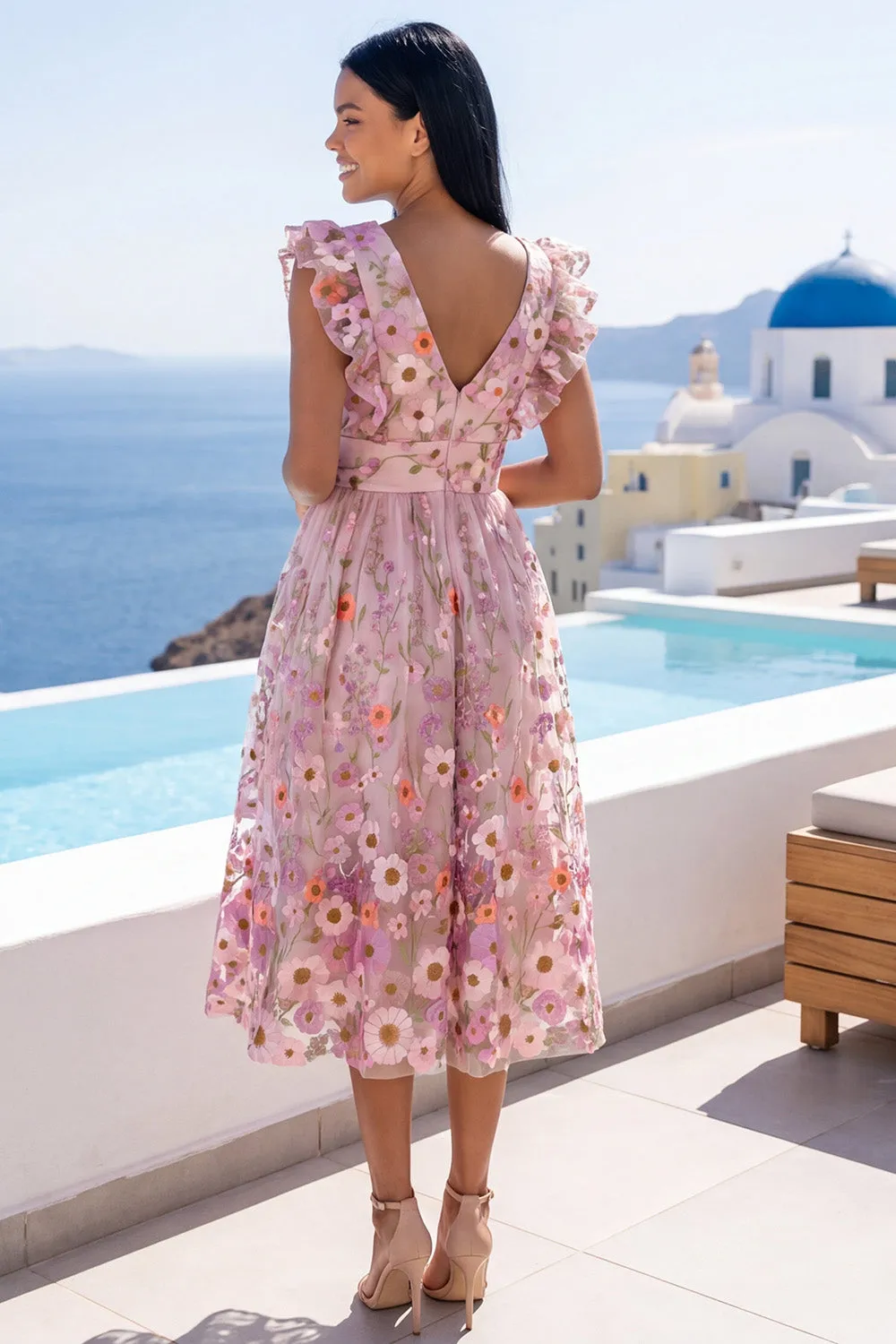 Pink Floral Applique A Line V-Neck Midi Wedding Guest Dress sold by Wedtrend product image thumbnail 2