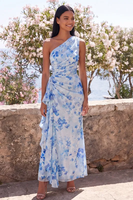 Blue Floral Ruched One Shoulder Wedding Guest Dress with Side Streamer made by Wedtrend