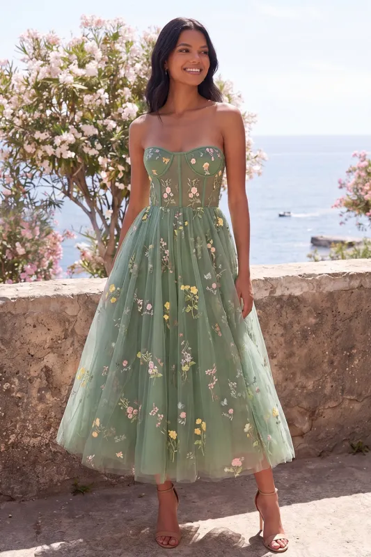 Dusty Sage A Line Sweetheart Embroidered Floral Midi Dress made by Wedtrend