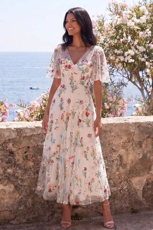 Floral Embroidered Ivory V-Neck A Line Midi Dress with Flutter Sleeves made by Wedtrend