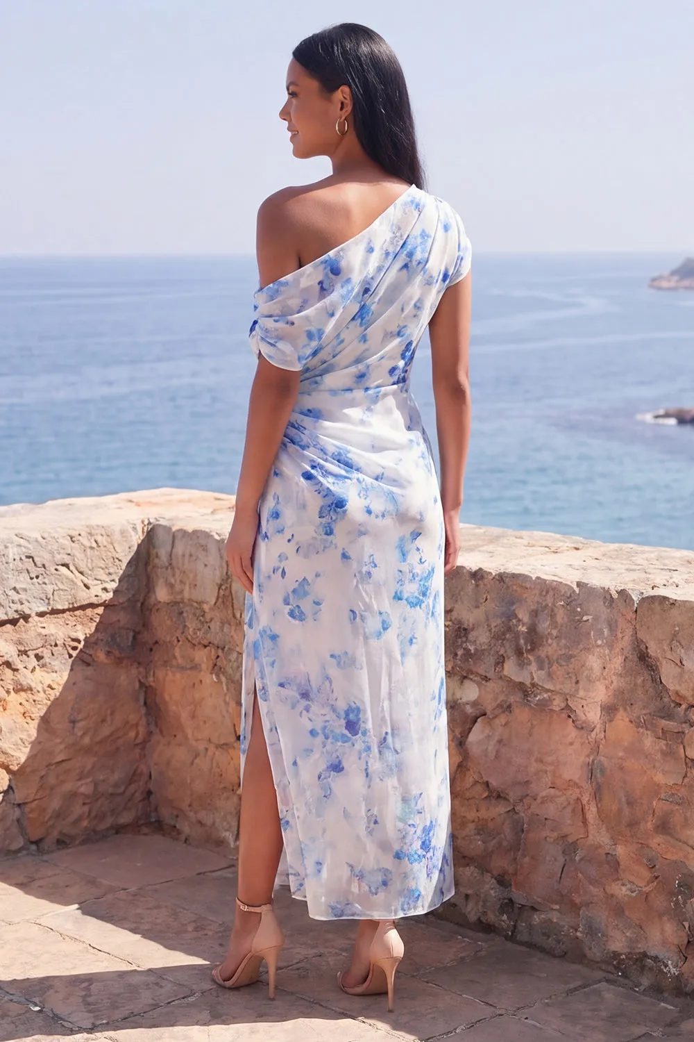One Shoulder Blue Flower Wedding Guest Dress with Slit sold by Wedtrend product image thumbnail 2