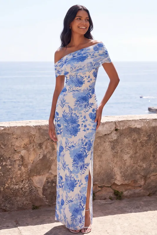 Blue Flower Off the Shoulder Wedding Guest Dress with Slit made by Wedtrend