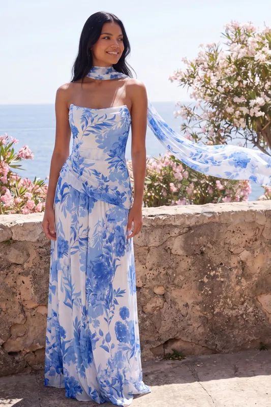 Strapless Blue Flower Wedding Guest Dress with Scarf made by Wedtrend
