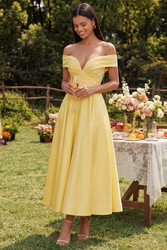 Off The Shoulder Yellow Ruched A Line Midi Wedding Guest Dress made by Wedtrend