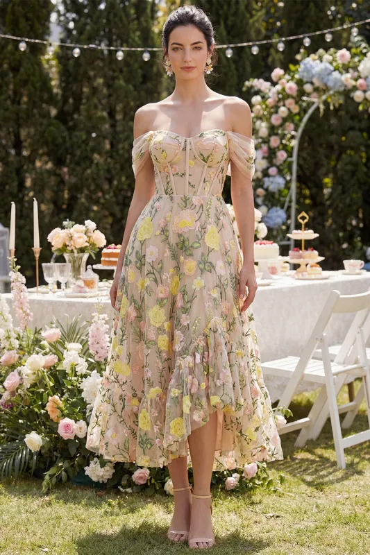 Off the Shoulder Champagne A Line Floral Ruffled Wedding Guest Dress made by Wedtrend