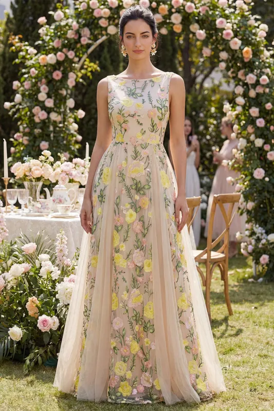 Bateau Neck Floral Champagne Wedding Guest Dress made by Wedtrend