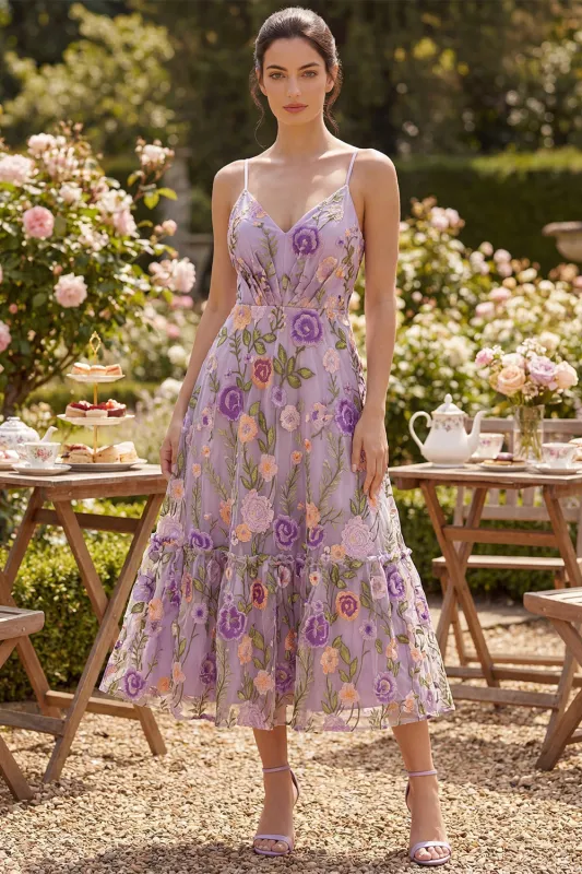 Lilac A Line Spaghetti Straps Floral Midi Wedding Guest Dress made by Wedtrend