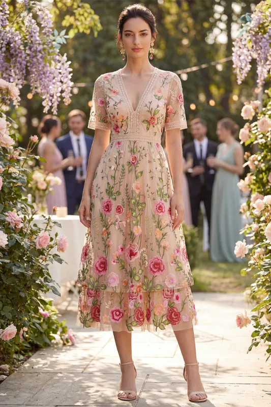 Floral Blush A Line V-Neck Midi Wedding Guest Dress with Short Sleeves made by Wedtrend