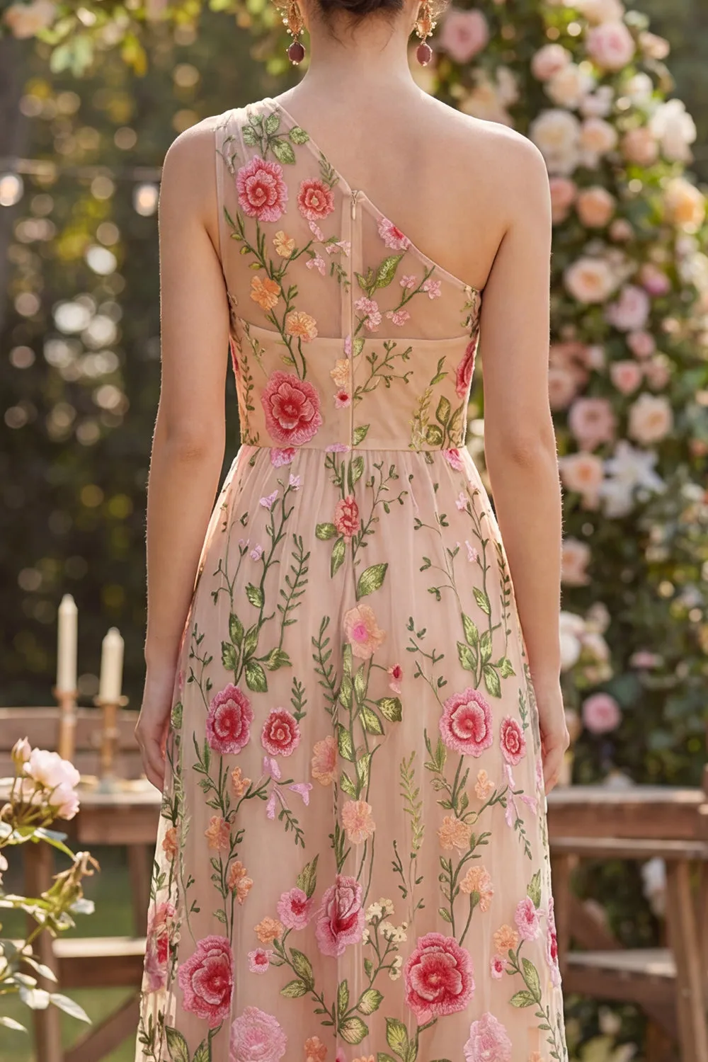 One Shoulder A Line Blush Floral Wedding Guest Dress sold by Wedtrend product image thumbnail 4