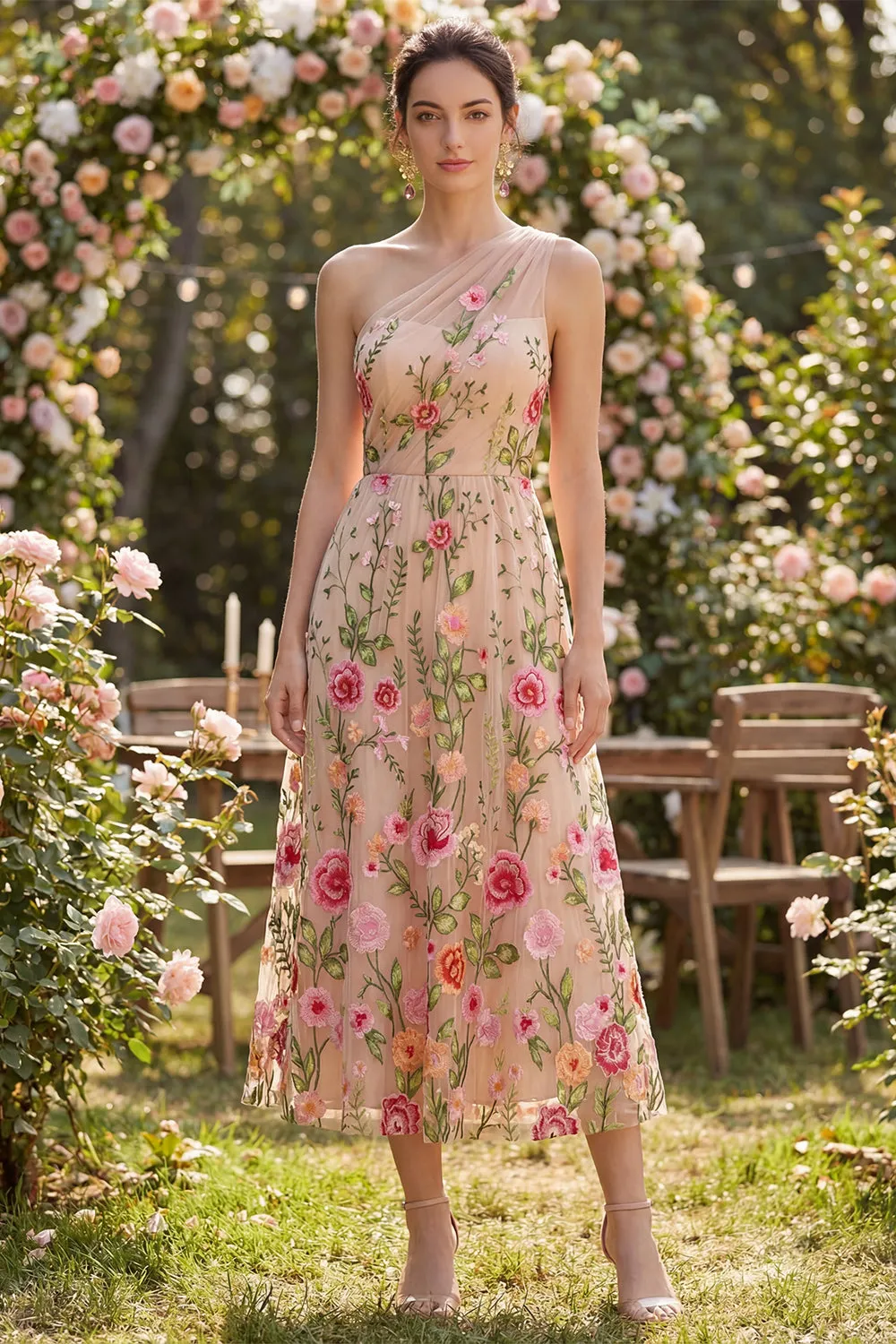 One Shoulder A Line Blush Floral Wedding Guest Dress sold by Wedtrend