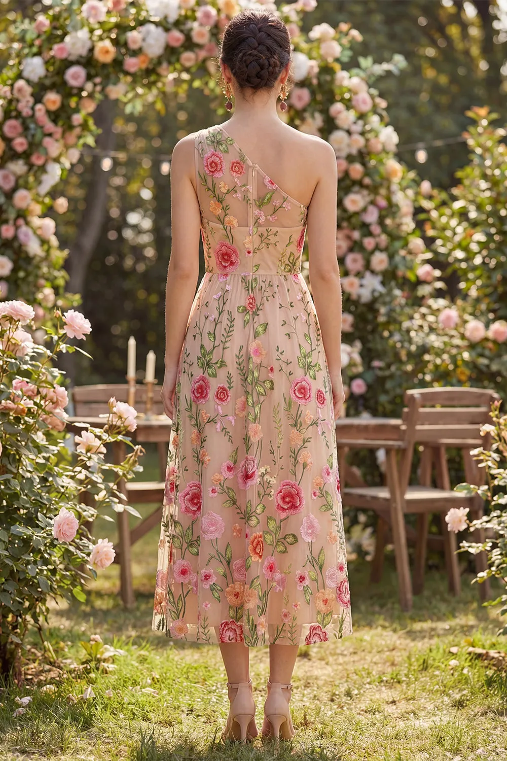 One Shoulder A Line Blush Floral Wedding Guest Dress sold by Wedtrend product image thumbnail 2