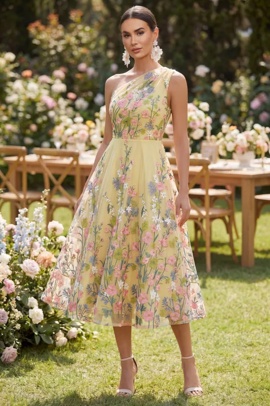 A Line Yellow One Shoulder Floral Wedding Guest Dress made by Wedtrend
