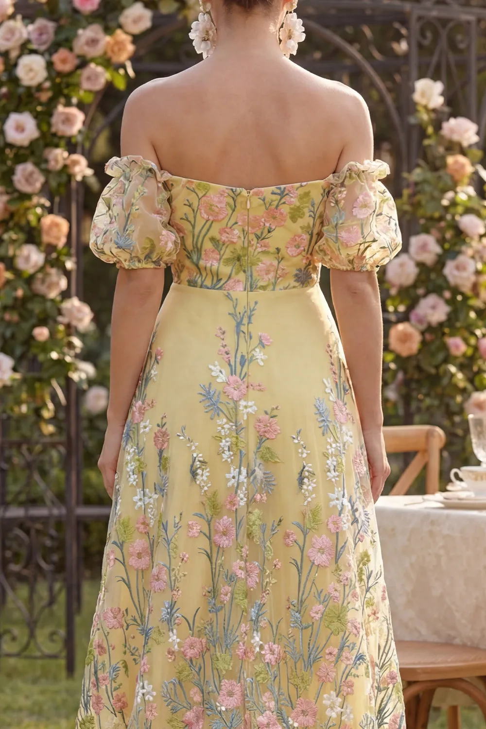 Off the Shoulder Yellow Floral Wedding Guest Dress with Puff Sleeves sold by Wedtrend product image thumbnail 4
