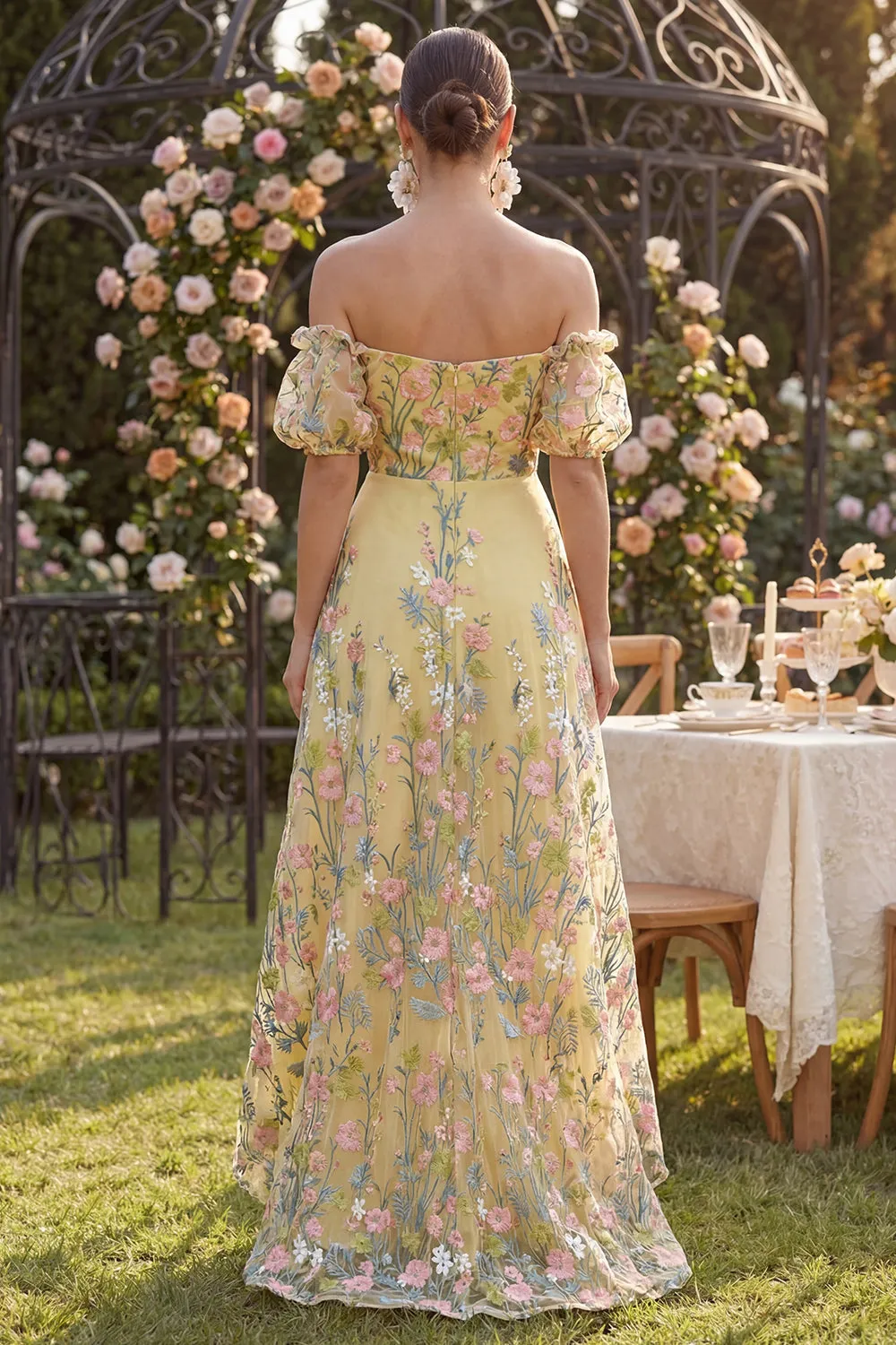 Off the Shoulder Yellow Floral Wedding Guest Dress with Puff Sleeves sold by Wedtrend product image thumbnail 2