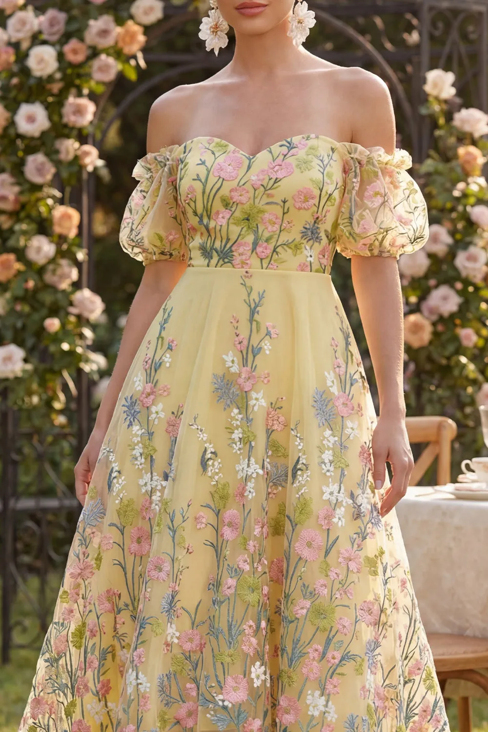 Off the Shoulder Yellow Floral Wedding Guest Dress with Puff Sleeves sold by Wedtrend product image thumbnail 3