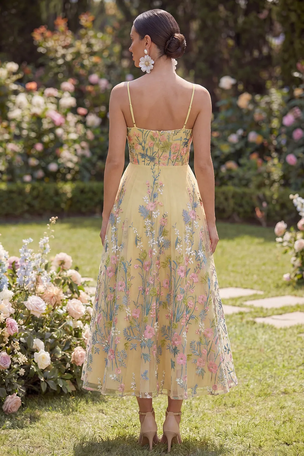 A Line Spaghetti Straps Yellow Floral Long Wedding Guest Dress sold by Wedtrend product image thumbnail 2
