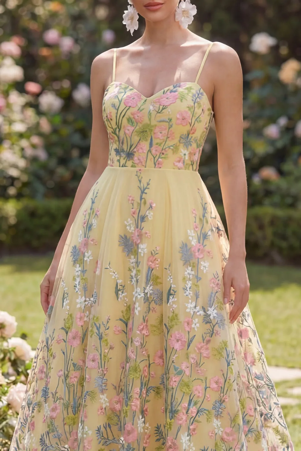 A Line Spaghetti Straps Yellow Floral Long Wedding Guest Dress sold by Wedtrend product image thumbnail 3