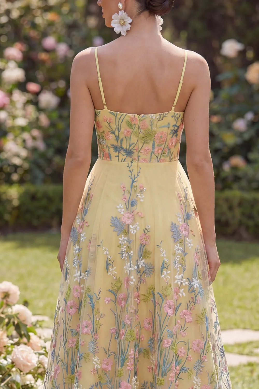 A Line Spaghetti Straps Yellow Floral Long Wedding Guest Dress sold by Wedtrend product image thumbnail 4