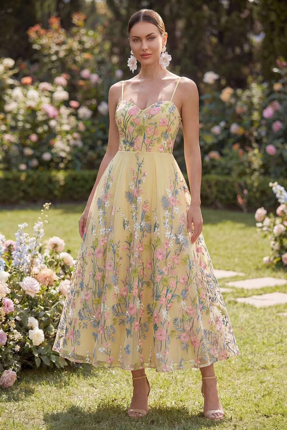 A Line Spaghetti Straps Yellow Floral Long Wedding Guest Dress sold by Wedtrend