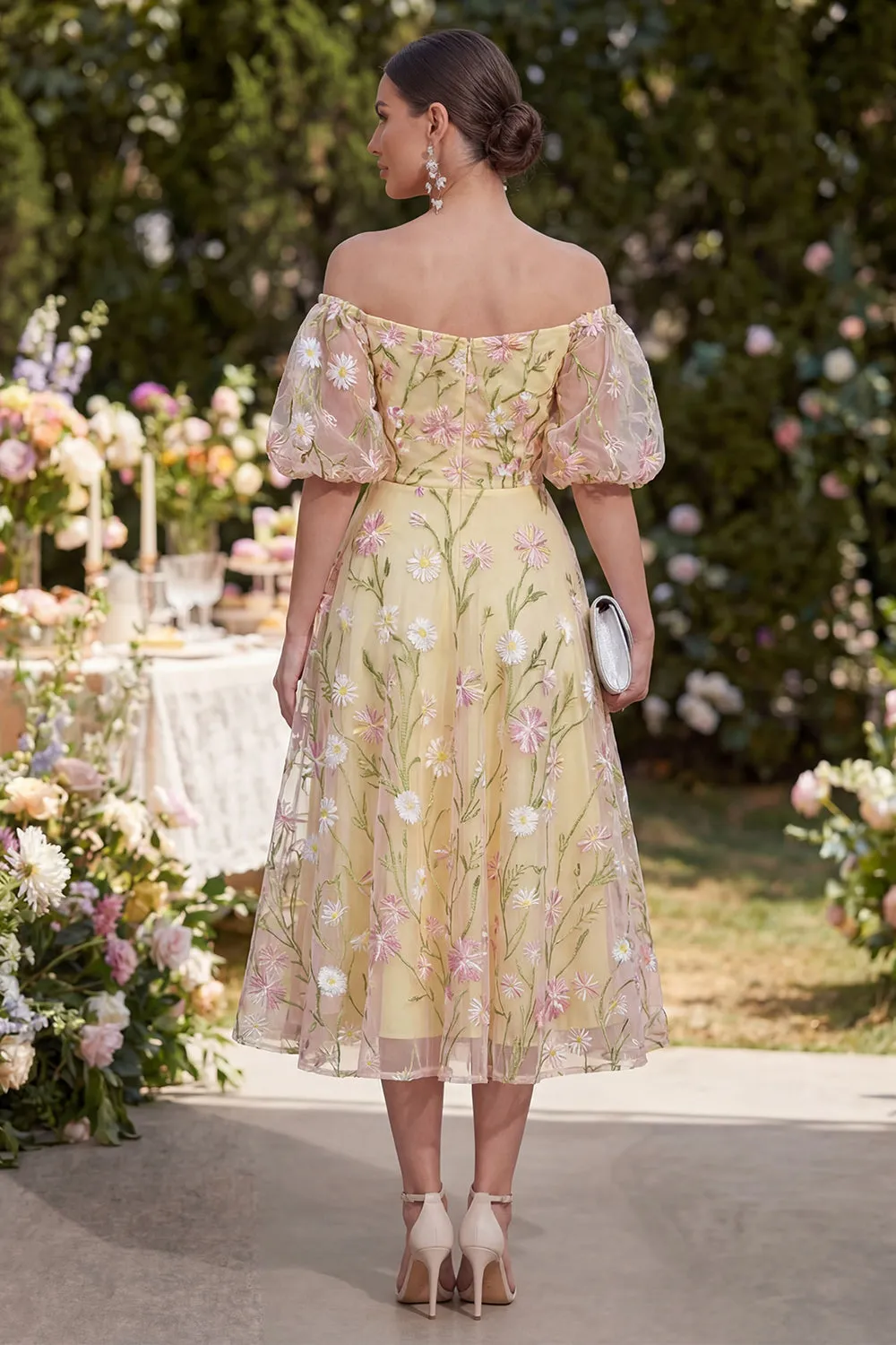 Off the Shoulder Light Yellow Floral Wedding Guest Dress with Puff Sleeves sold by Wedtrend product image thumbnail 2