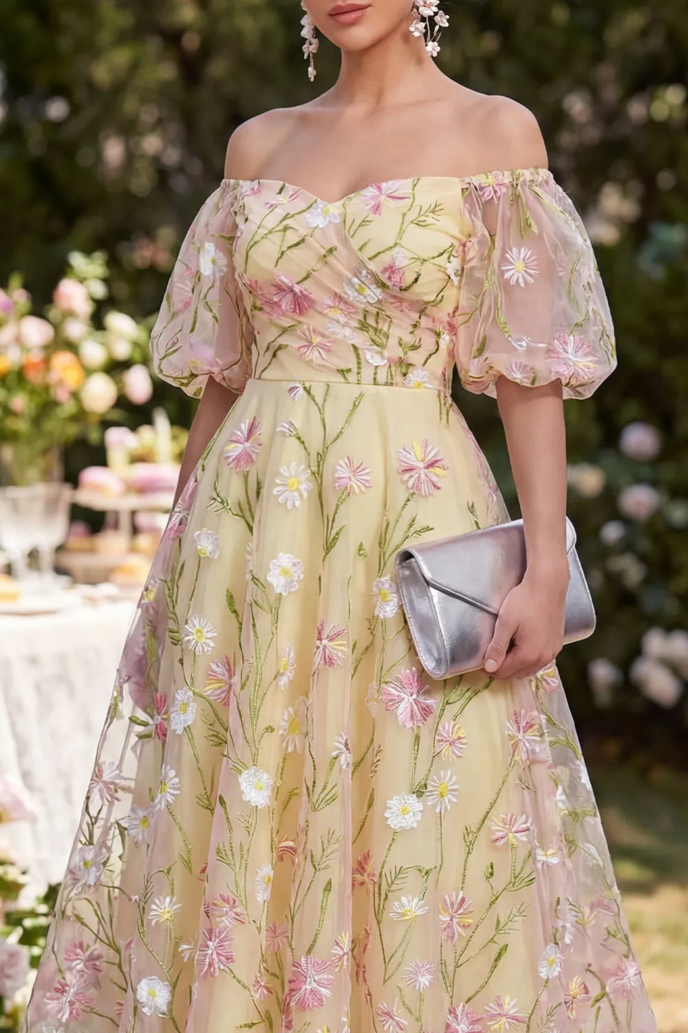 Off the Shoulder Light Yellow Floral Wedding Guest Dress with Puff Sleeves sold by Wedtrend product image thumbnail 3