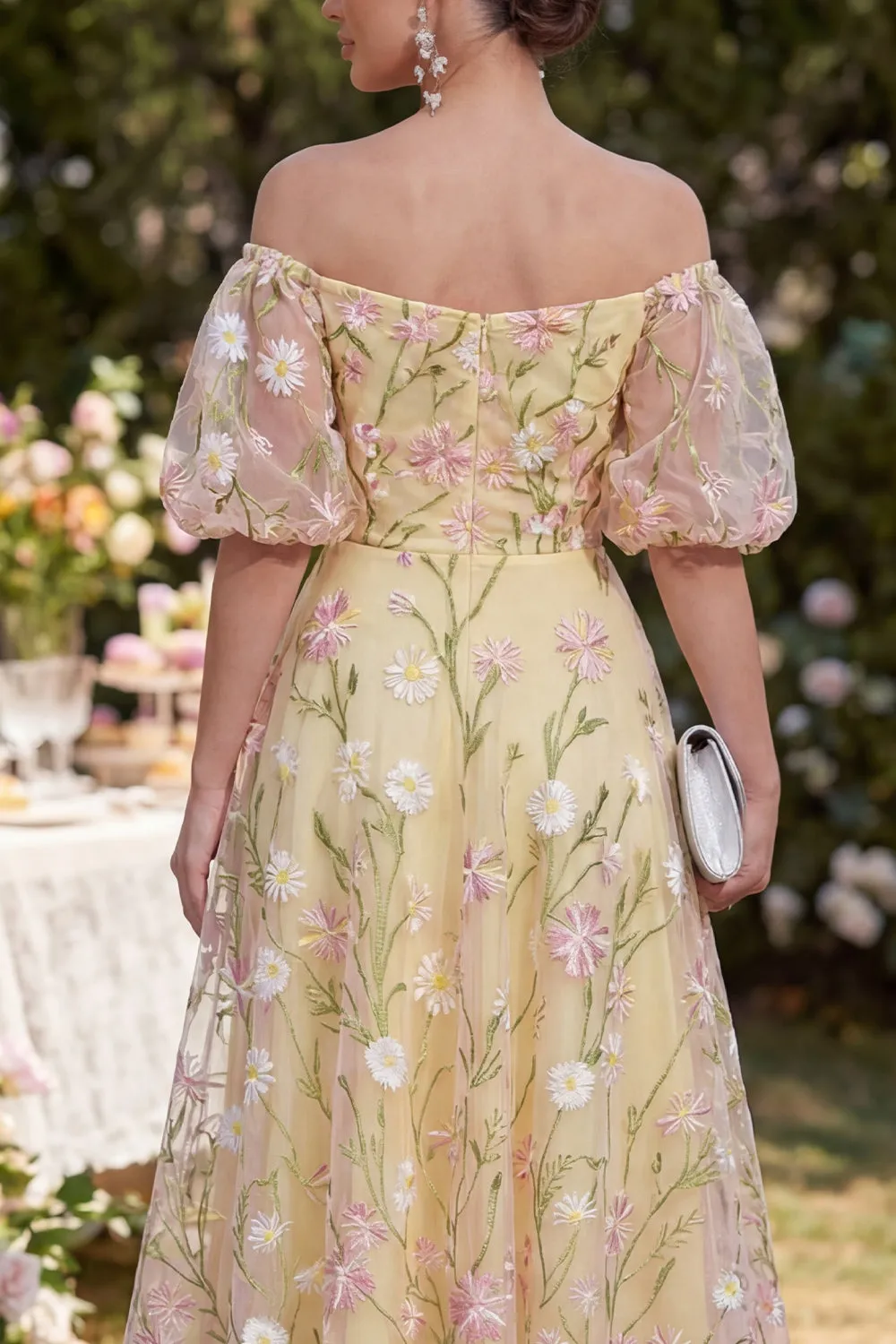 Off the Shoulder Light Yellow Floral Wedding Guest Dress with Puff Sleeves sold by Wedtrend product image thumbnail 4