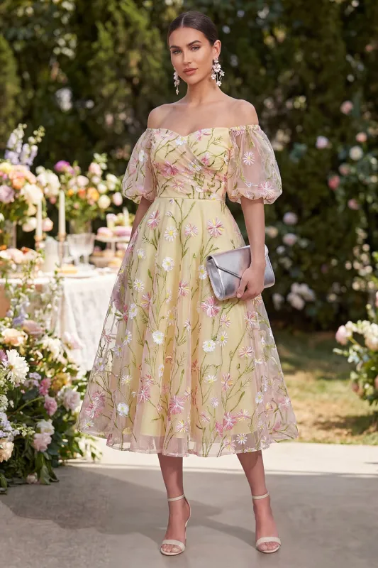 Off the Shoulder Light Yellow Floral Wedding Guest Dress with Puff Sleeves made by Wedtrend