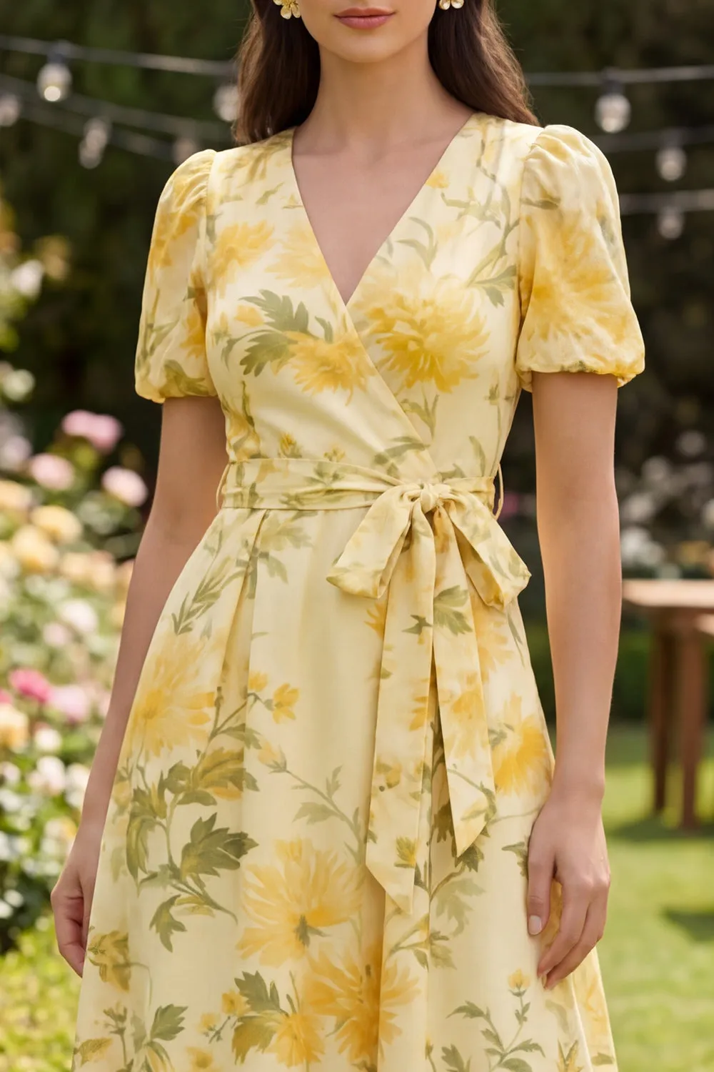 Floral V-Neck Yellow Ruffled Wedding Guest Dress with Sash sold by Wedtrend product image thumbnail 3