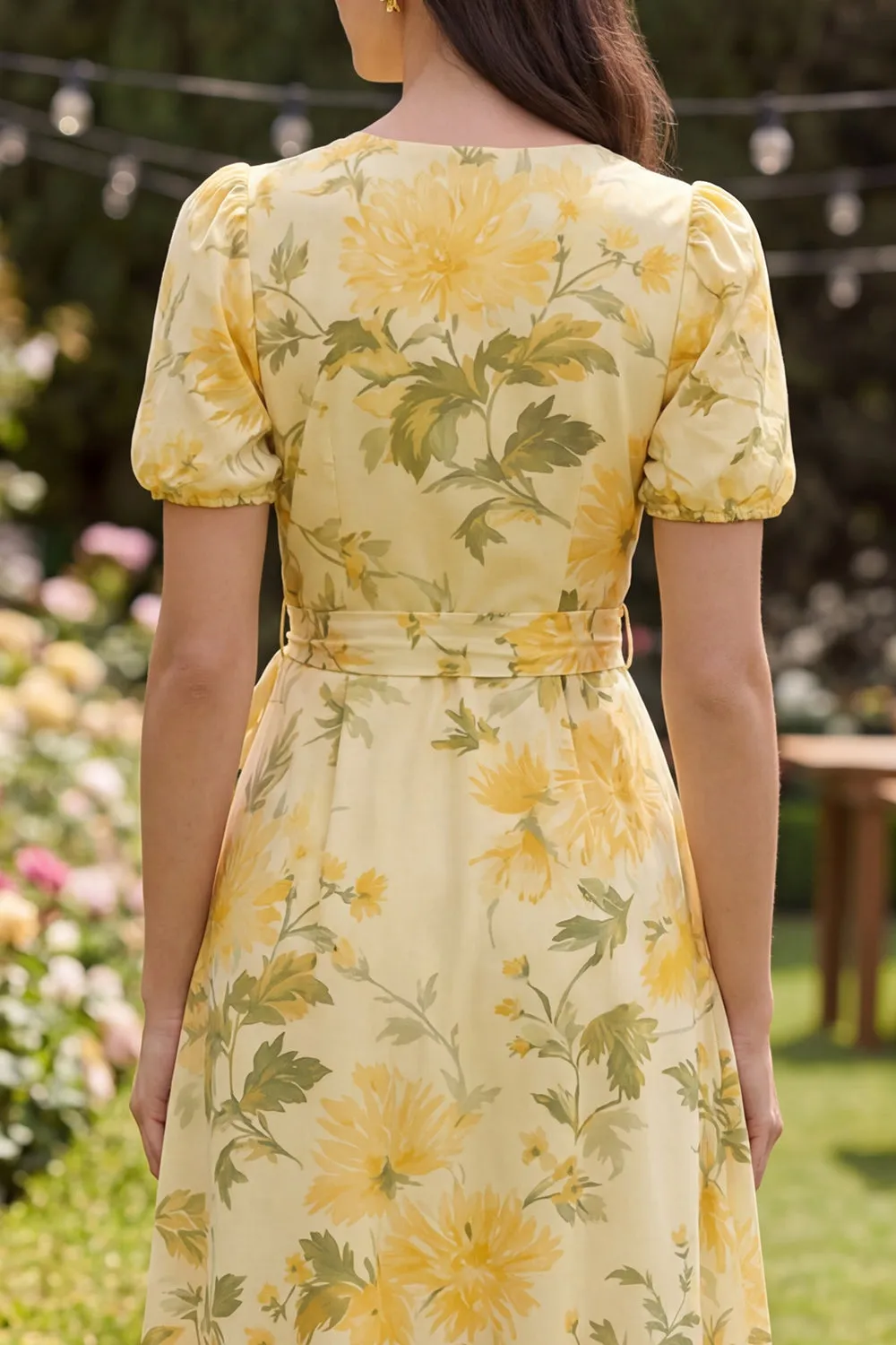 Floral V-Neck Yellow Ruffled Wedding Guest Dress with Sash sold by Wedtrend product image thumbnail 4
