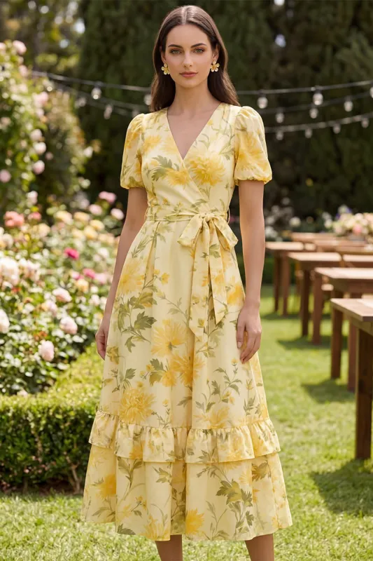 Floral V-Neck Yellow Ruffled Wedding Guest Dress with Sash made by Wedtrend