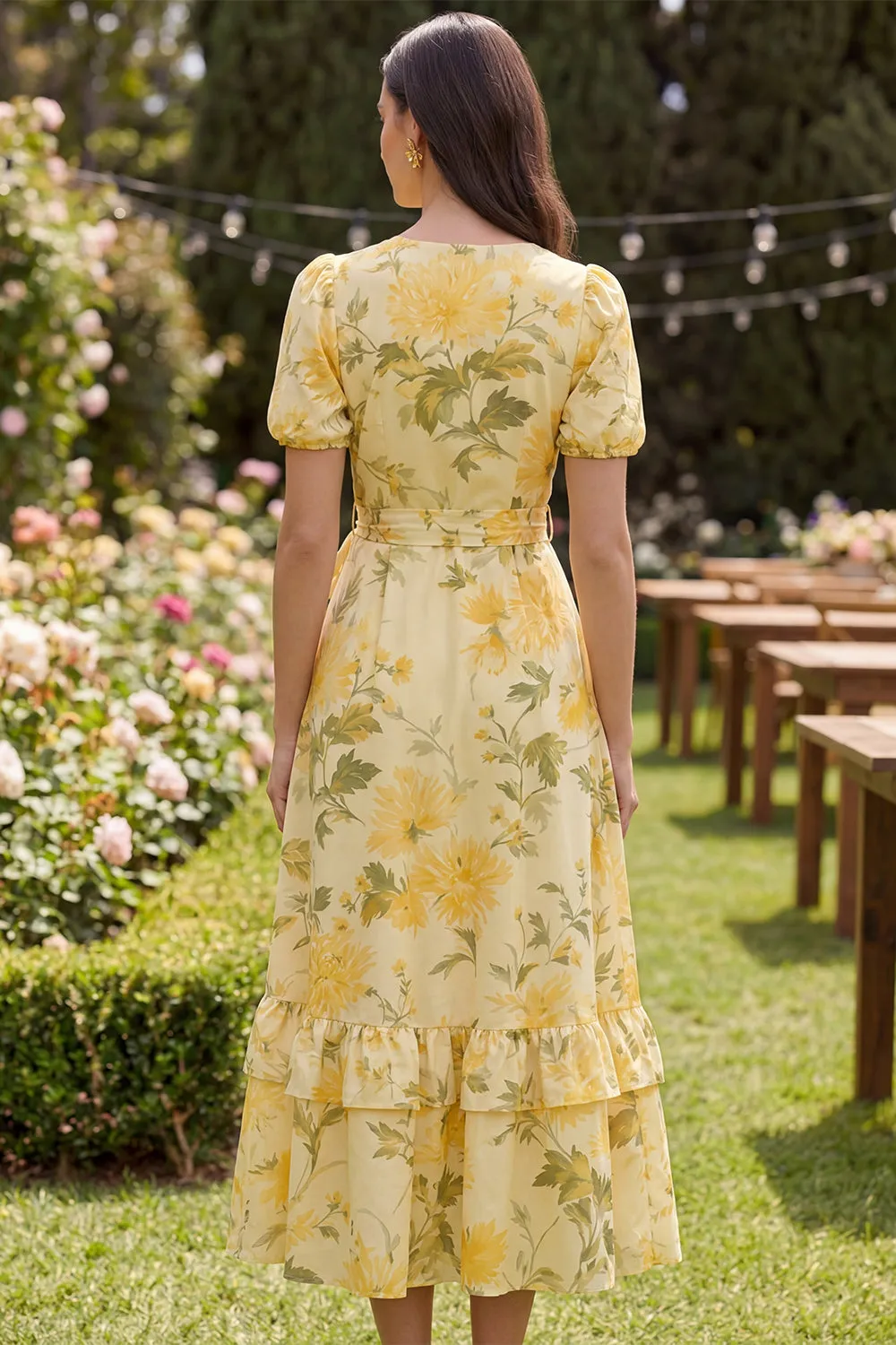 Floral V-Neck Yellow Ruffled Wedding Guest Dress with Sash sold by Wedtrend product image thumbnail 2
